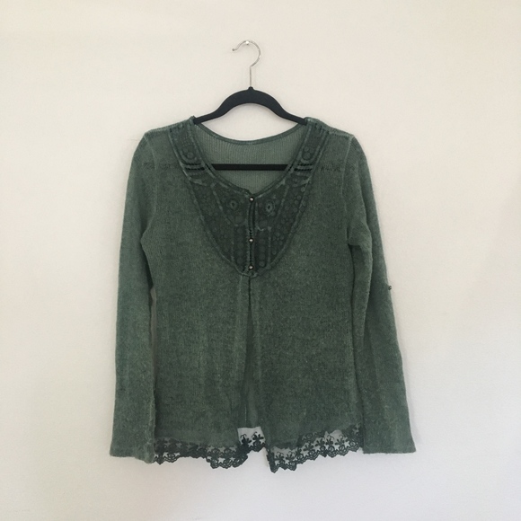 Emerald Green Crochet Wool Cardigan Made in Italy - Picture 1 of 6